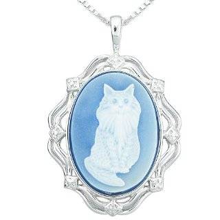 14k Yellow Gold Frame Cat Blue Agate Cameo Pendant: Jewelry:  