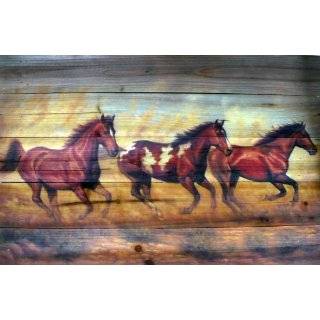 Western Cabin Rustic Decor Horses Running Wood Plank Picture Hanging 