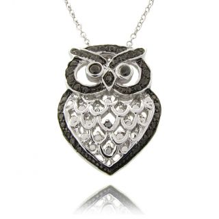 Black and Silvertone Diamond Accent Owl Necklace