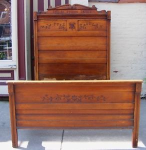 1800s Antique Vintage Wood Full Double Bed Headboard Footboard Rails Slats