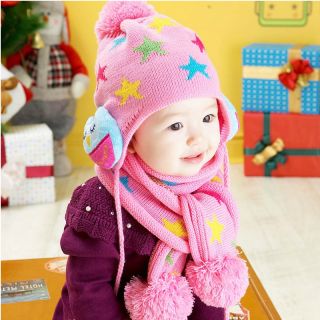 Baby Toddler Kids Girls and Boys Winter Knitted Crochet Owl Hat Caps Scarf Sets