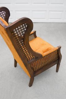 Vtg Hollywood Regency Orange Velvet Tufted Wing Back Caned Arm Chair Mid Century