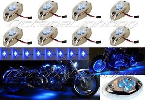 8PC Blue LED Chrome Modules Motorcycle Chopper Frame Neon Glow Lights Pods Kit