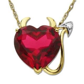 14k Yellow Gold Created Ruby Heart Devil Pendant with Diamond Accent 
