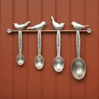   Kitchenware Pewter Measuring Spoons on Copper Rack, Made in USA, Birds